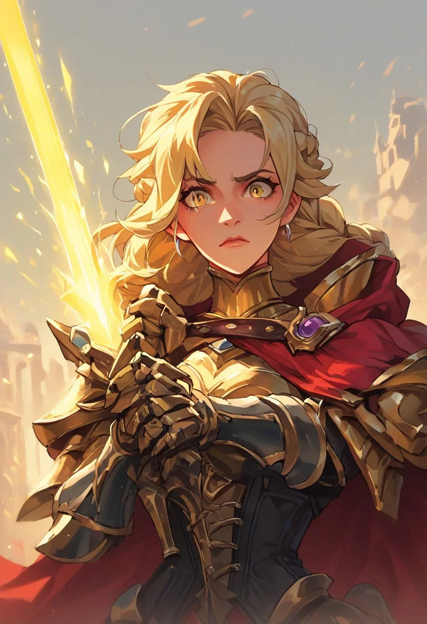 score_9, score_8_up, score_7_up, score_6_up, score_5_up, score_4_up, 
paladin lady holding glowing sword, blonde hair, braid, ornate golden armor, ornate pauldrons, black corset, glowing yellow eyes, red cape, upper body, face focus