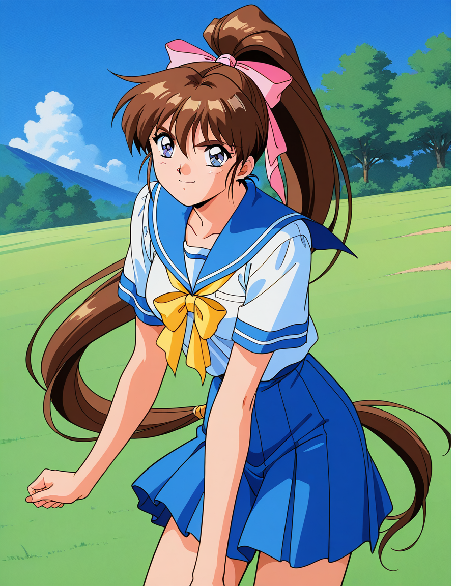 general,highres, ultra-detailed,very aesthetic,best quality ,best hands,  BREAK <lora:Amatsu_Ai_IS:1>Amatsu_Ai, brown hair, ponytail, very long hair, ribbon, hair ribbon, hair bow, pink bow, breasts, blue eyes, bangs, purple eyes, high ponytail, 1990s \(style\),anime coloring, BREAK, serious, smile, standing, down arms,
school uniform, Yellow ribbon,  serafuku,  skirt,  blue sailor collar,
grass, sky, day,