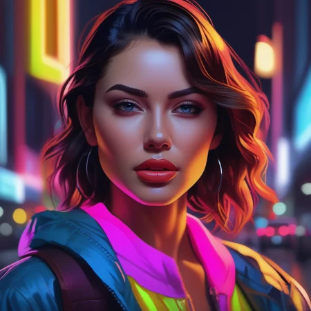 an image picture of a young beautiful gorgeous woman, colorful, <lora:NeonifyV2-000004:0.75> | neon realism