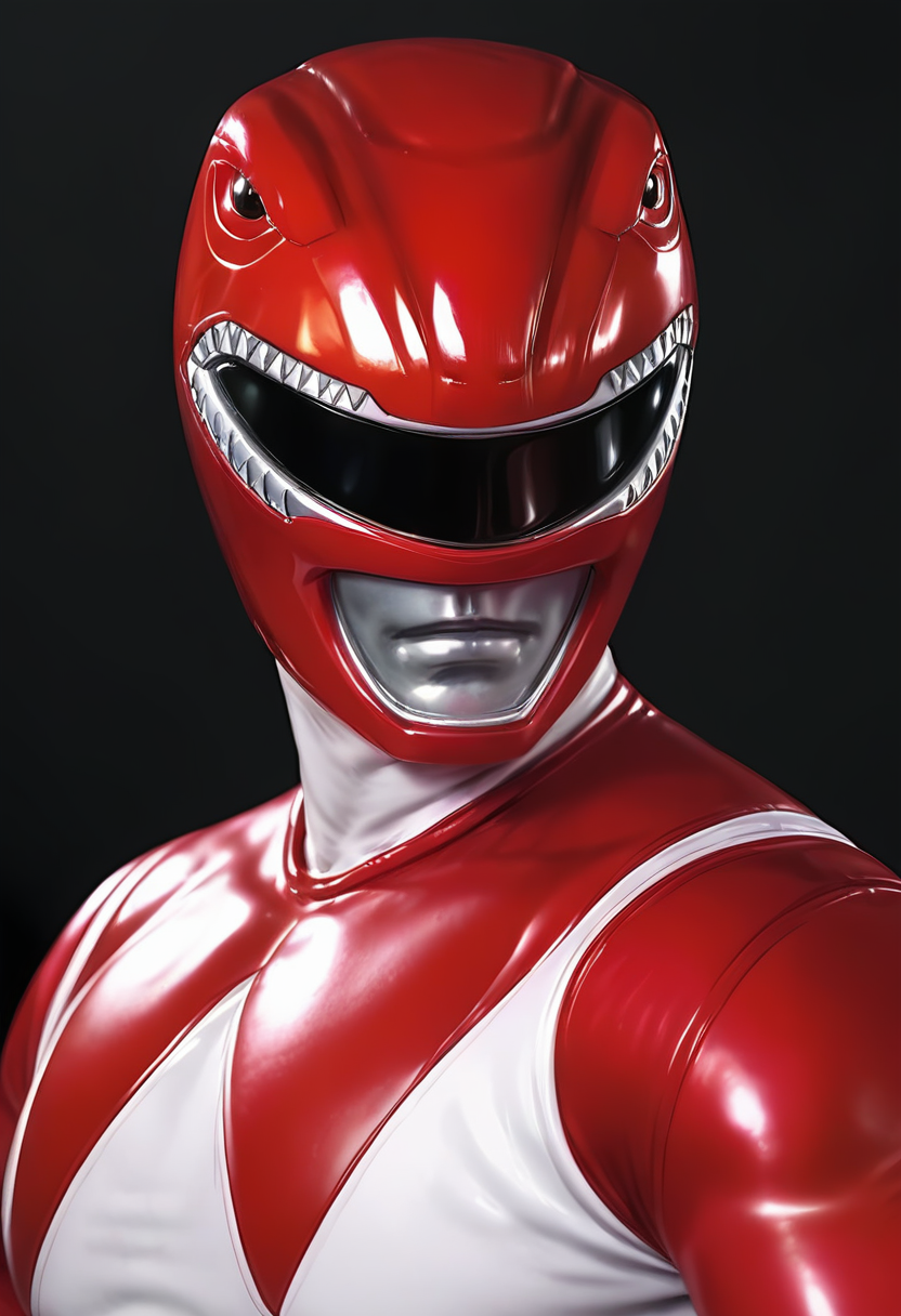 Ugly (score_9:0.9),score_8_up,score_7_up,anime style,rating_safe,<lora:Red Ranger ponyXL v3.1:0.85>,Red Ranger,1boy,solo,male focus,black background,helmet,upper body,simple background,shiny,