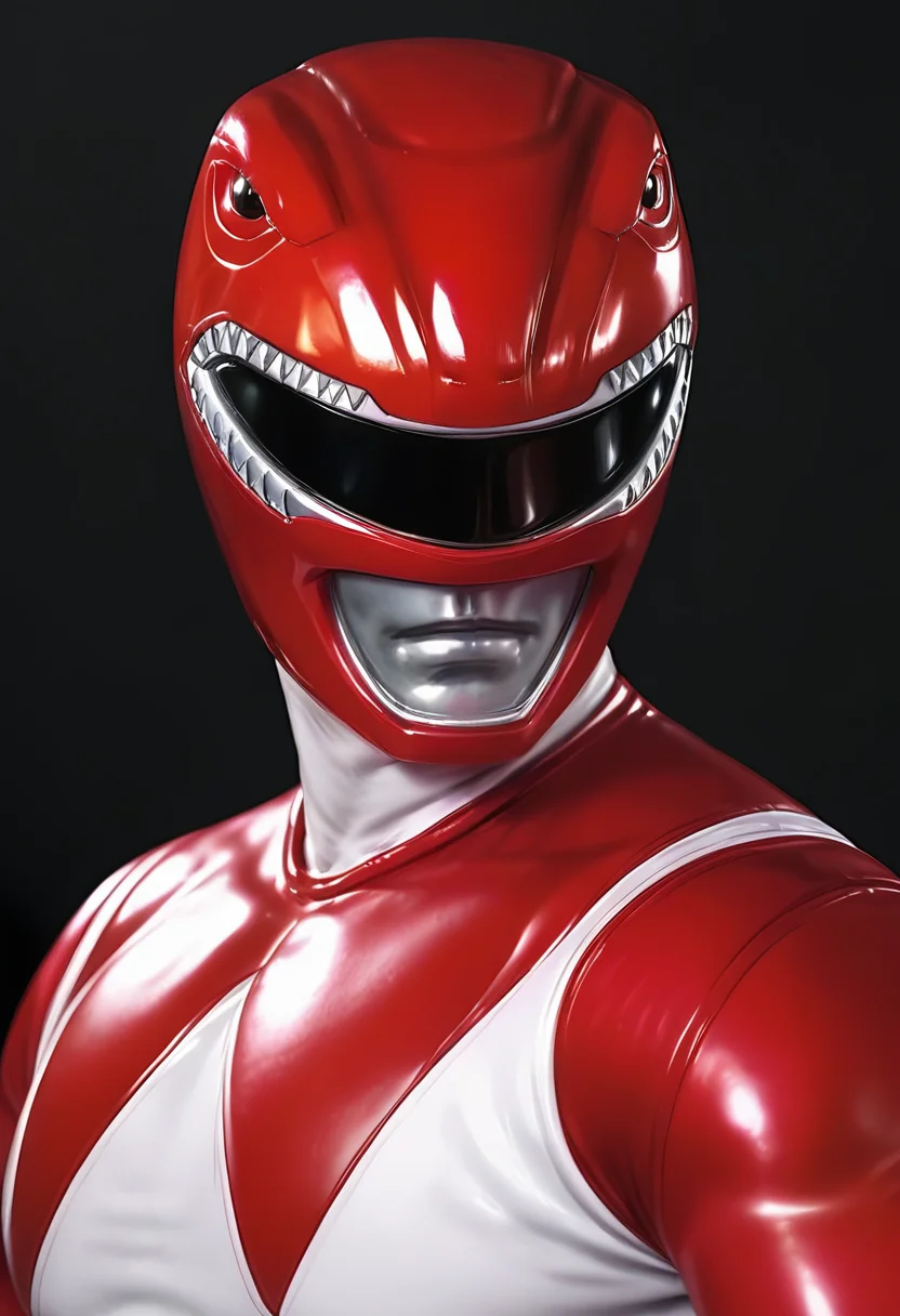 Ugly (score_9:0.9),score_8_up,score_7_up,anime style,rating_safe,<lora:Red Ranger ponyXL v3.1:0.85>,Red Ranger,1boy,solo,male focus,black background,helmet,upper body,simple background,shiny,