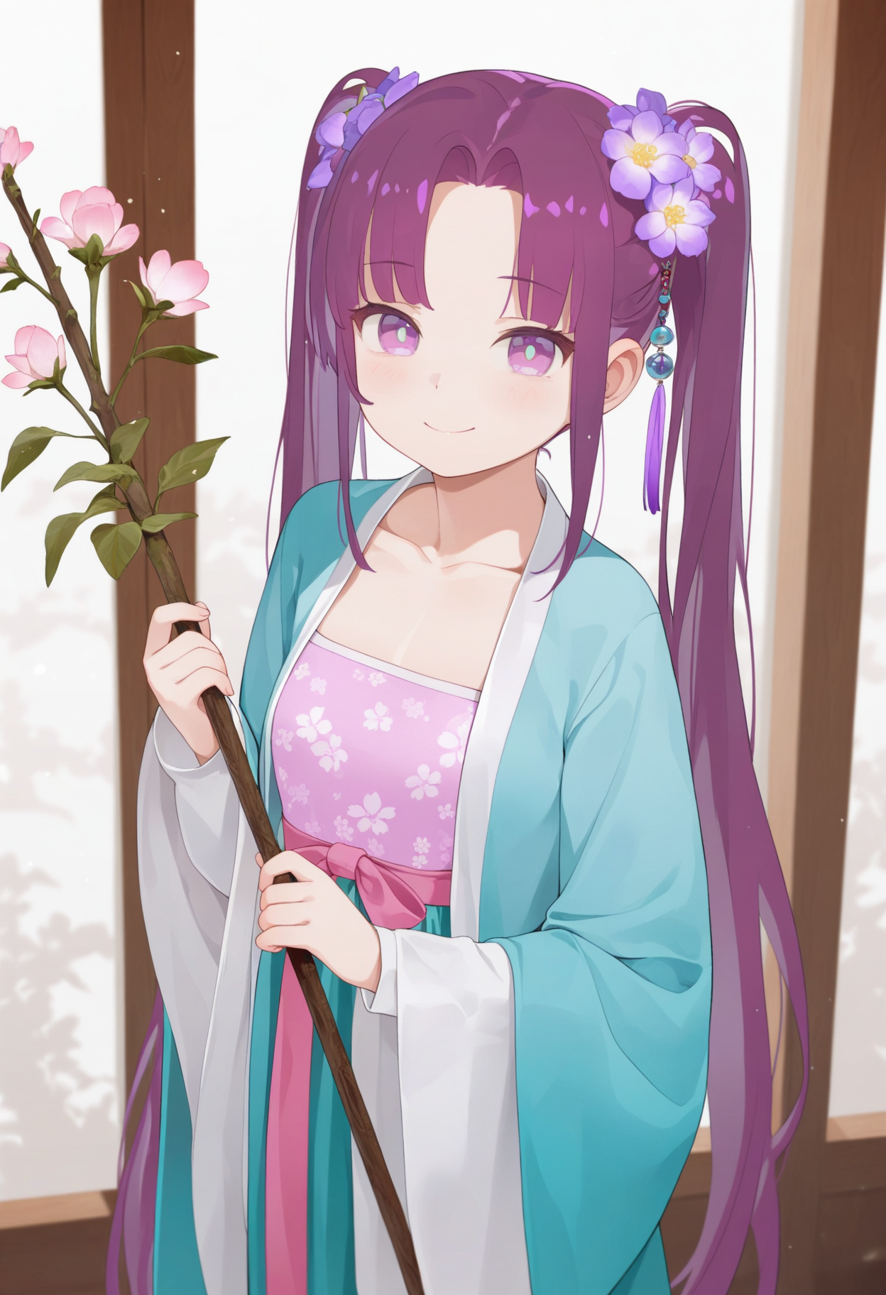 masterpiece,best quality,amazing quality,
1girl, solo, hair ornament, hanfu, flower, long hair, chinese clothes, hair flower, smile, purple hair, long sleeves, looking at viewer, parted bangs, very long hair, bangs, twintails, holding, collarbone,
 <lora:Biyobiyo:1>