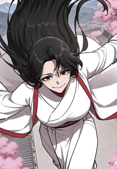 score_9, score_8_up, score_7_up, source_anime, S.Queen, large breast, dark eyes, black hair, long hair, martial art clothes, durumagi coat, looking at viewer, floating hair, floating, (dynamic view, dynamic pose), particles, sakura blossom, mountains, smile, from above,