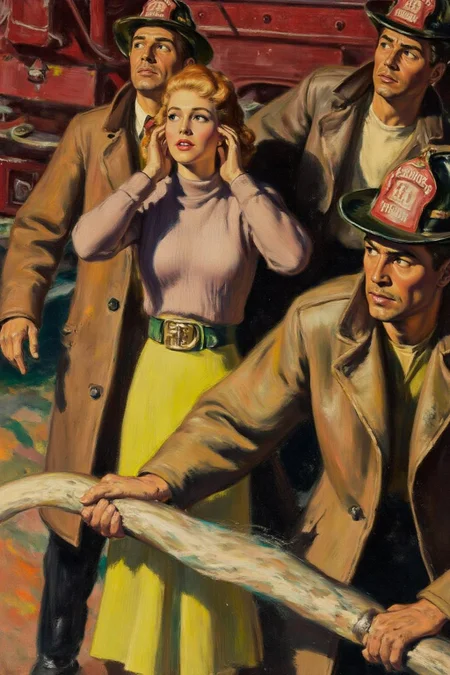 walterbaumhofer1 painting. A man, a woman, and two firefighters look up with concern. The woman, in a light-colored sweater and green skirt, stands at the center. A man in a brown overcoat and two firefighters surround her. One of the firefighters holds a water hose. Part of a red fire truck is visible in the background. <lora:walterbaumhofer1_cap_d8a4e12:1.0><lora:849134678794334834:0>