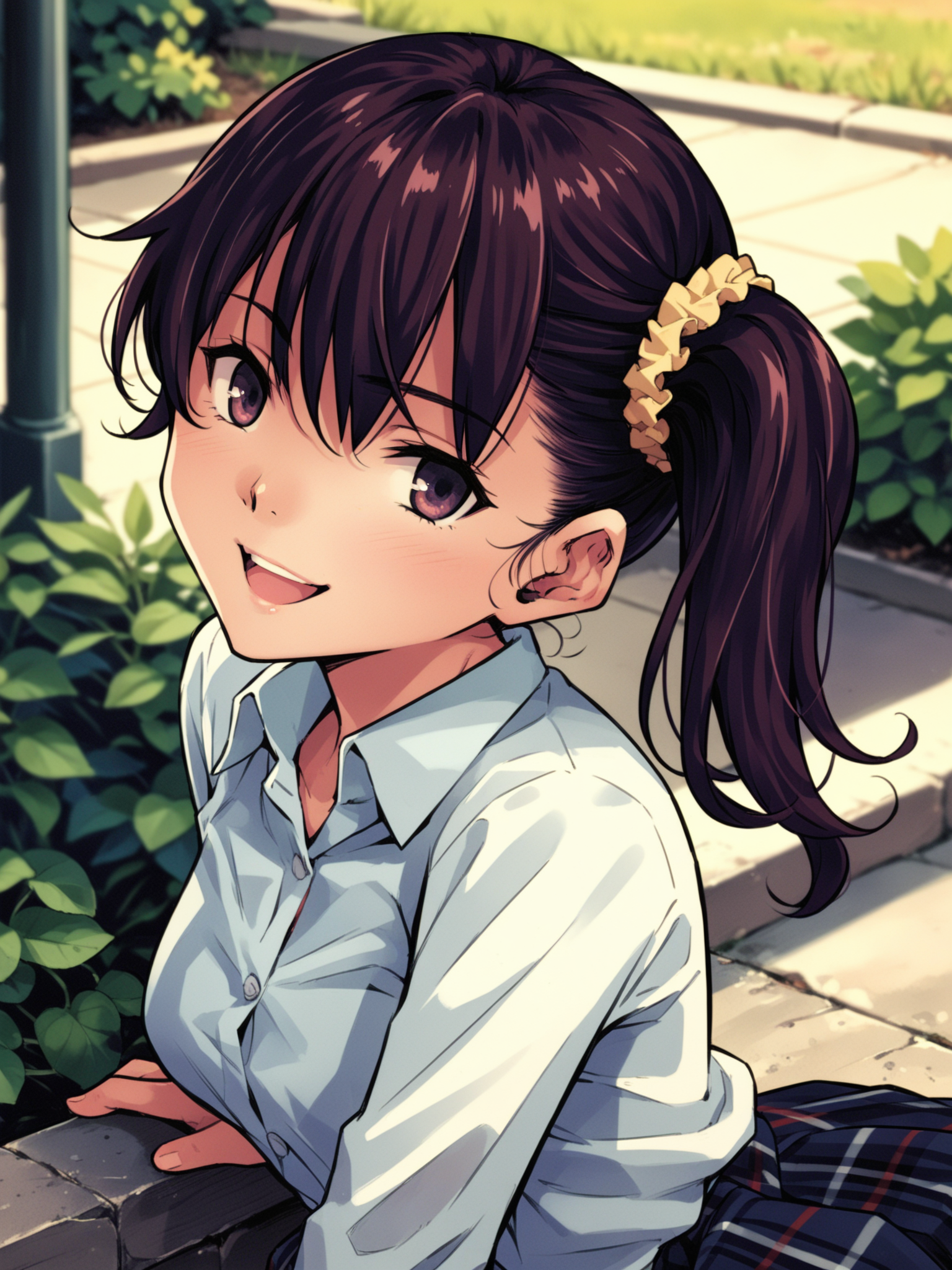 <lora:happy_tentacle-risa-v0.3-000030:1>, ht_risa, side ponytail, collared shirt, long sleeves, pleated skirt, plaid skirt, kneehighs, hair scrunchie , outdoors, 1girl, solo, upper body , , (happy :1.2), , looking at viewer , bent over, downblouse , from side , score_9, score_8_up, score_7_up, score_6_up, score_5_up, score_4_up