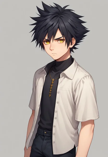 score_9, score_8_up, source_anime, highly detailed, 1boy, solo, male_focus,
vanitas, solo, 1boy, male focus, spiked hair, black hair, yellow eyes, shirt, pants, shoes, bored, frown, upper body,
