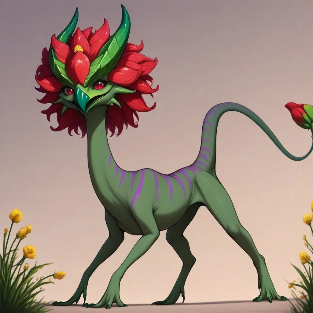 Rating: safe, masterpiece, best quality, amazing quality, highres, absurdres, Gaula, 1animal, sharp beak, red tail tip, flower bud tail, tapered tail tip, green horns, horns pointing forward, dark green skin, thick purple stripes, long neck, (raschen, small, chubby, small feet, short, short legs), red head mane, thick head mane,
high angle,