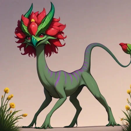 Rating: safe, masterpiece, best quality, amazing quality, highres, absurdres, Gaula, 1animal, sharp beak, red tail tip, flower bud tail, tapered tail tip, green horns, horns pointing forward, dark green skin, thick purple stripes, long neck, (raschen, small, chubby, small feet, short, short legs), red head mane, thick head mane,
high angle,