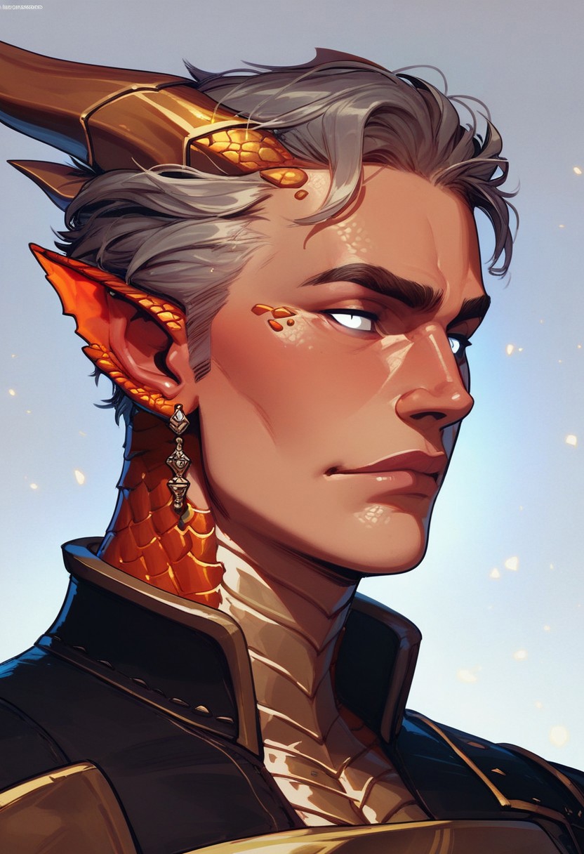score_9, score_8_up, score_8, score_7_up, score_7, score_6_up, score_6, score_5_up, handsome man, light skin with a hint of red, glowing white eyes, silver hair, gold accessories, elegant outfit, armor, (dragon scales, dragon scales on face, gold scales:1.1), monster ears, jagged ears, emotionless expression, vox machine style, 1boy, male focus, solo, close up portrait , fantasy, sky background, (dynamic lighting:1.1)
((masterpiece))