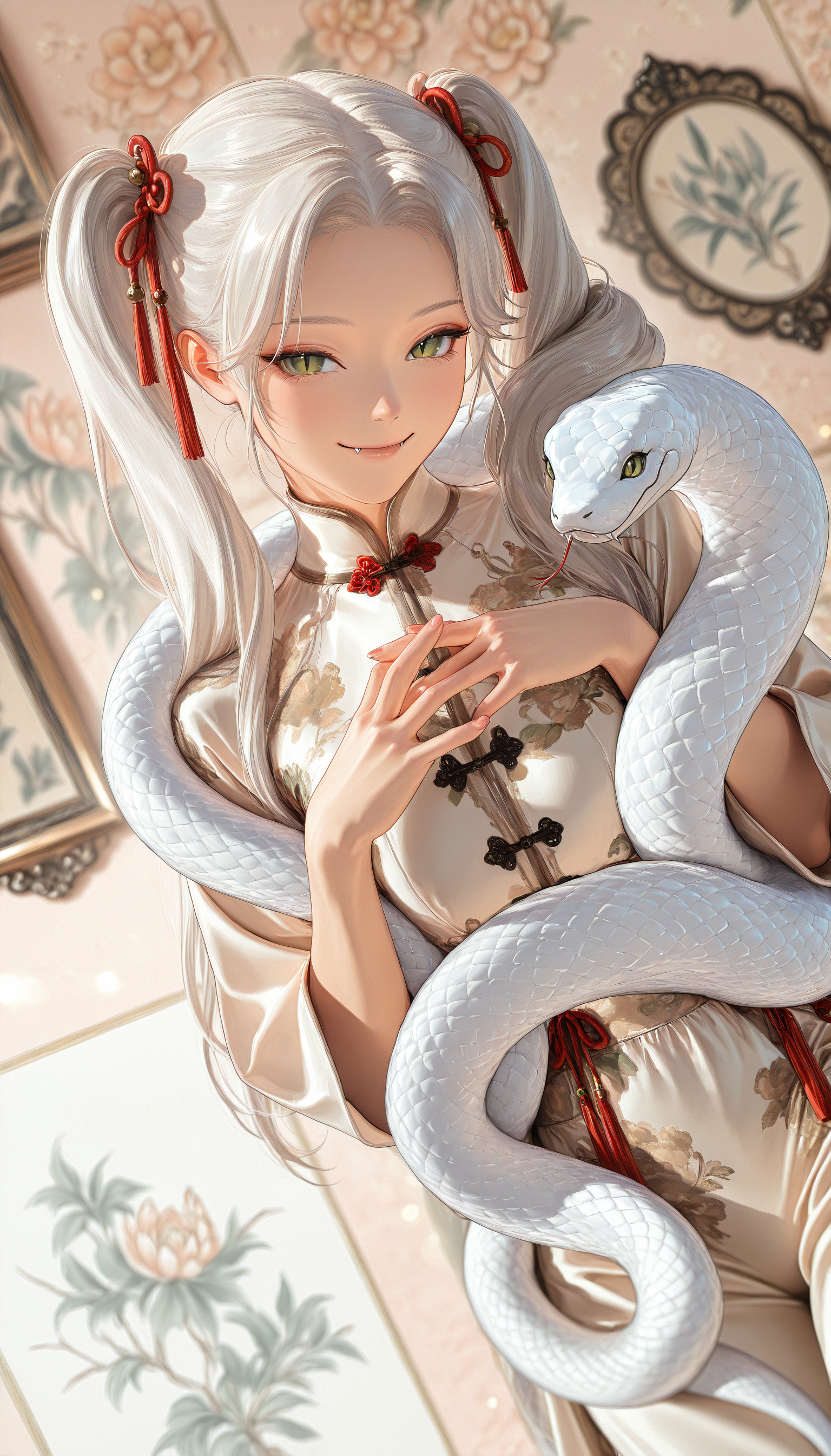 ((seductive, realistic, pinup, pinup_\(style\), portrait, cowboy_shot, blurry, bokeh, best quality, dutch angle, depth of field))
((Chinoiserie, ((wallpaper \(object\), wallpaper \(decoration\))), 
1girl 6.1M
?
chinese zodiac 17k
?
fangs 105k
?
green eyes 860k
?
hair intakes 118k
?
long hair 4.4M
?
new year 26k
?
own hands together 79k
?
slit pupils 67k
?
smile 2.9M
?
snake 22k
?
solo 5.1M
?
twintails 915k
?
white hair 714k
?
year of the snake ))