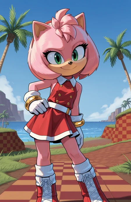 1girl, solo, full body, no humans,
<lora:Movie-Amy_v4-30:1> movieamy, petite, short legs, animal nose, pink fur, green eyes,
red hairband, red dress, sleeveless dress, backless outfit, white belt, collared dress, white socks, white gloves, standing, lace-up boots, red boots,
contrapposto, standing, smile, looking at viewer, hand on own hip, gold bracelet,
<lora:Green_Hill_Zone-IL:0.8> gr33nh1ll, outdoors, blue sky, palm tree, grass, water, checkered dirt, extremely detailed, highres, masterpiece, best quality