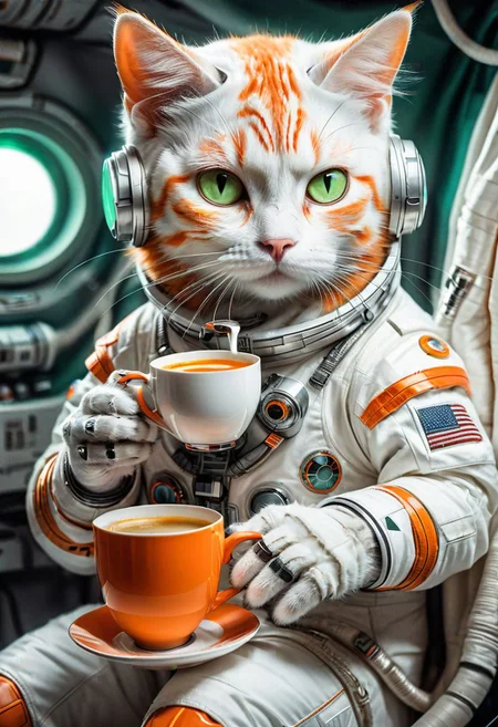 photo-realistic,
higly-detailed,
cat wearing a futuristic space suit,
serious expresssion
a orange and white kitty sipping a mug of hot coffee holding it with it's two front paws,
lapping up the coffee as if it were drinking water,
light green eyes,
