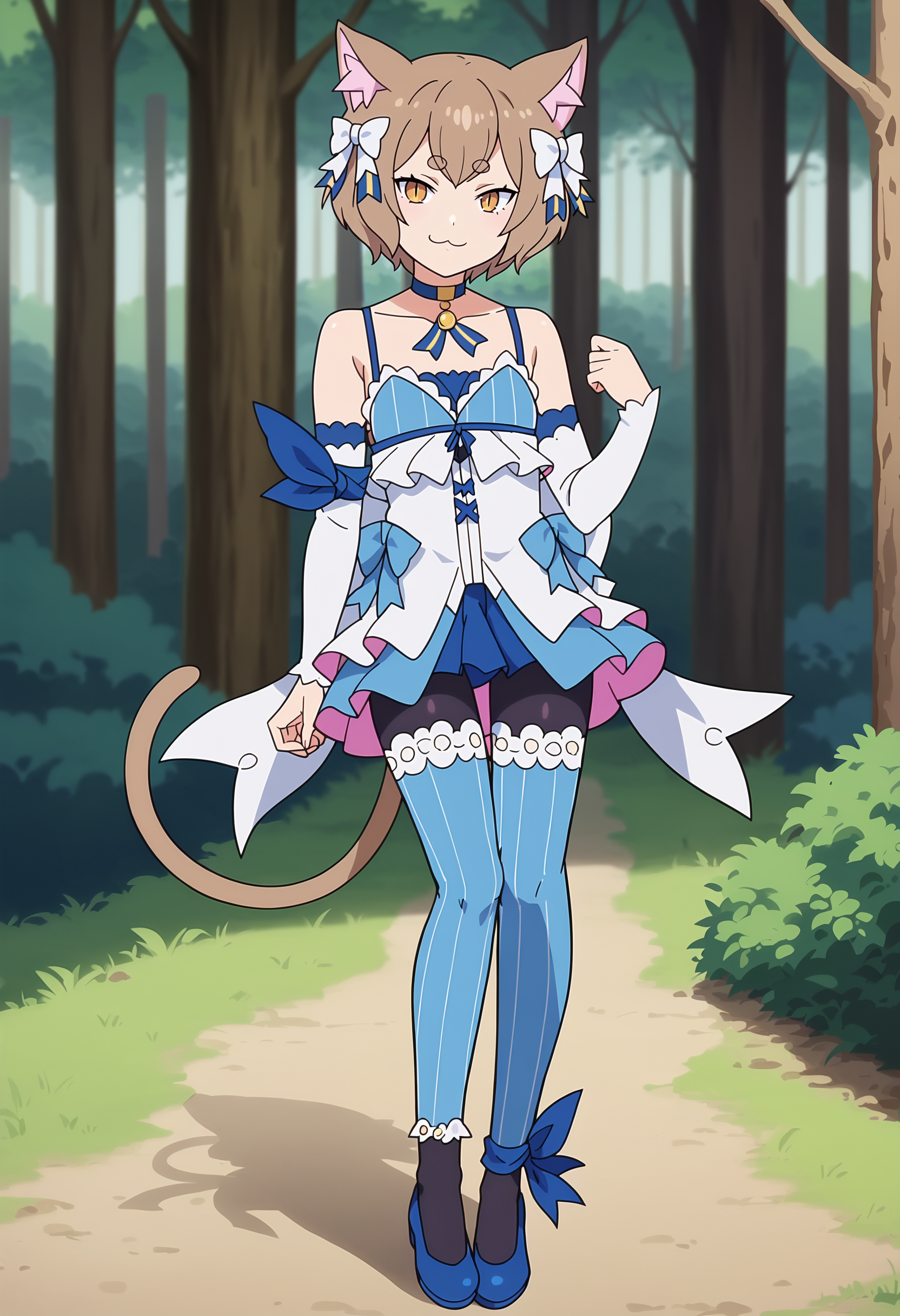 score_9, score_8_up, score_7_up, BREAK,
 <lora:FelixXL-000001:1>,1boy,solo,animal ears, hair bow, cat ears, brown hair, short hair, bangs, sleeveless dress, brown eyes, white bow, blue choker, bare shoulders,thick eyebrows, detached sleeves, looking at viewer, dress bow, pendant, cat tail, black pantyhose, arm ribbon, standing, slit pupils, smug, eyelashes, :3, thighhighs over pantyhose, blue footwear, ankle ribbon, blue thighhighs, otoko no ko, 
standing, full body, 
outdoors, forest,
anime screencap,