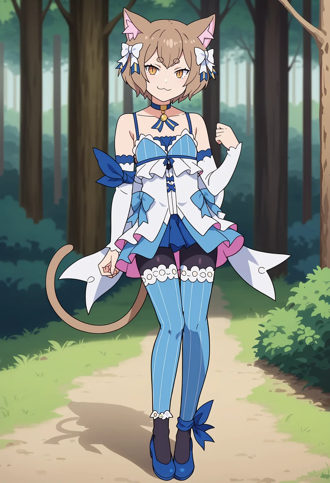 score_9, score_8_up, score_7_up, BREAK,
<lora:FelixXL-000001:1>,1boy,solo,animal ears, hair bow, cat ears, brown hair, short hair, bangs, sleeveless dress, brown eyes, white bow, blue choker, bare shoulders,thick eyebrows, detached sleeves, looking at viewer, dress bow, pendant, cat tail, black pantyhose, arm ribbon, standing, slit pupils, smug, eyelashes, :3, thighhighs over pantyhose, blue footwear, ankle ribbon, blue thighhighs, otoko no ko,
standing, full body,
outdoors, forest,
anime screencap,