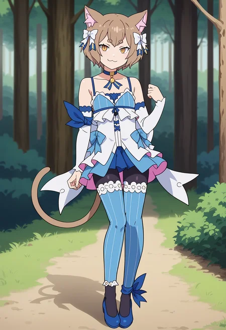 score_9, score_8_up, score_7_up, BREAK,
 <lora:FelixXL-000001:1>,1boy,solo,animal ears, hair bow, cat ears, brown hair, short hair, bangs, sleeveless dress, brown eyes, white bow, blue choker, bare shoulders,thick eyebrows, detached sleeves, looking at viewer, dress bow, pendant, cat tail, black pantyhose, arm ribbon, standing, slit pupils, smug, eyelashes, :3, thighhighs over pantyhose, blue footwear, ankle ribbon, blue thighhighs, otoko no ko, 
standing, full body, 
outdoors, forest,
anime screencap,