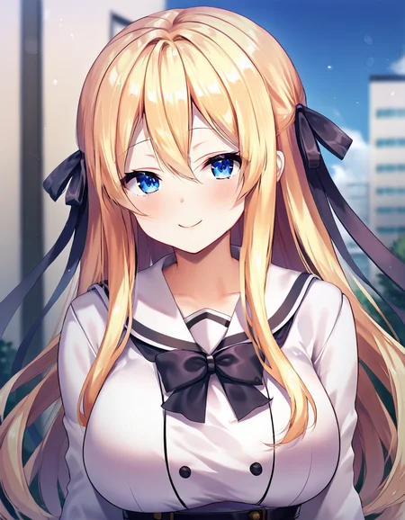 score_9,score_8_up,score_7_up,score_6_up BREAK official art,solo,outdoors,upper body,(portrait:1.5),looking at viewer,facing viewer,smile,blush,Kujou Alice,very long hair,blonde hair,hair ribbon,black ribbon,sidelocks,hair between eyes,bangs,blue eyes,school uniform,blue bowtie,white jacket,white sailor collar,huge breasts,long sleeves,miniskirt,white skirt,pleated skirt,black thighhighs,zettai ryouiki,loafers,brown footwear,<lora:Kujou Alice(aamss)-Pony:1.5>,