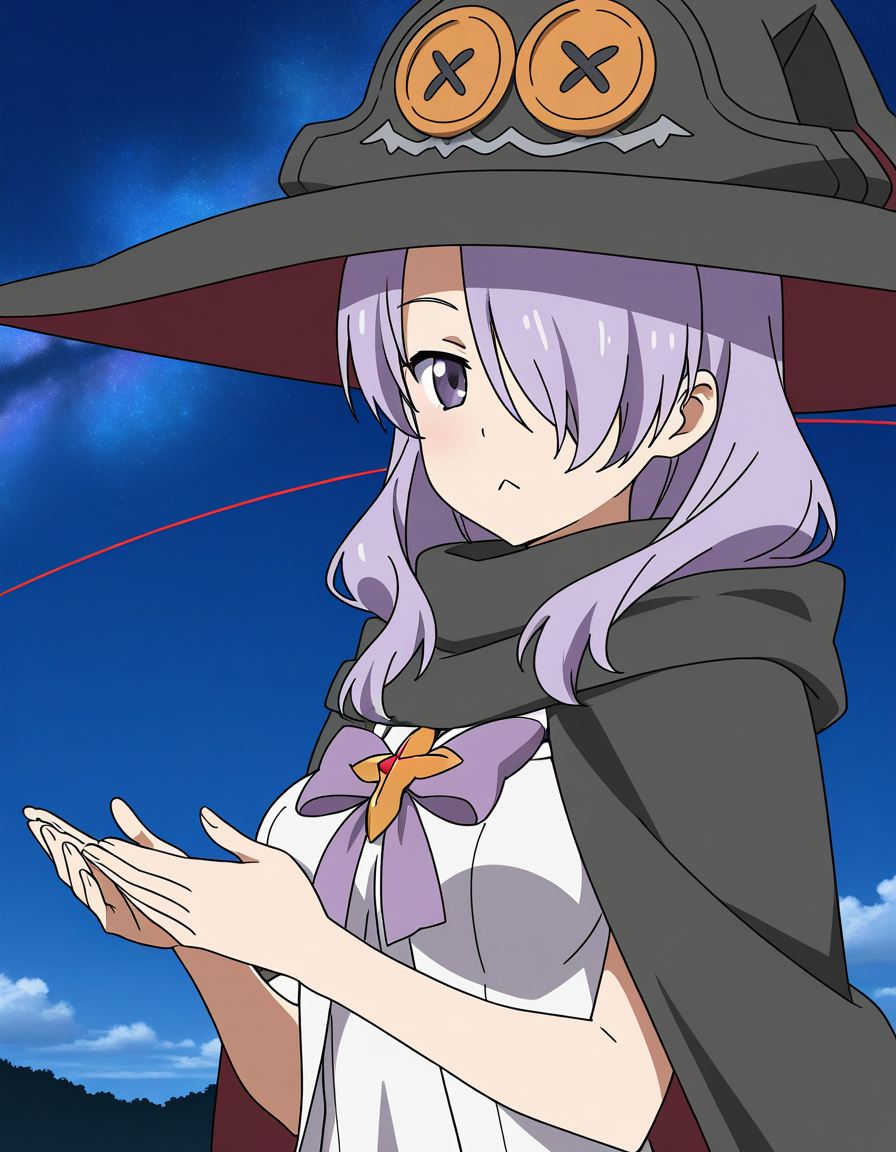 general,highres, ultra-detailed,very aesthetic,best quality ,best hands,  BREAK <lora:Nanako_Houkago_no_Pleiades_IS:1>Nanako(Pleiades), 1girl, purple hair, hair over one eye, purple eyes, long hair, breasts, anime coloring, Nanako(Pleiades), hat, witch   black hat(red line), orange button, solo, :<, witch hat, looking at viewer, closed mouth, upper body, black cape, white dress,  purple ribbon, black cloak,
galaxy, sky,