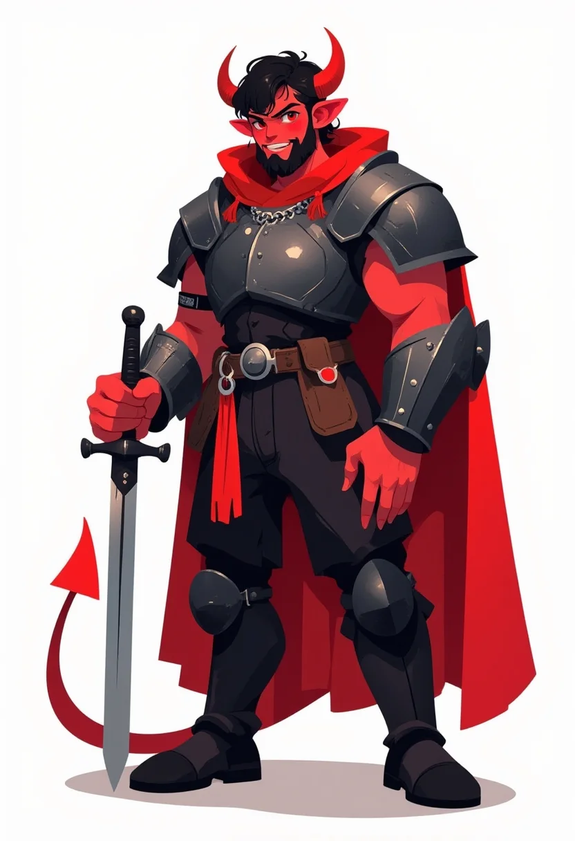 anime, cartoon, 2d flat illustration, A demon with red skin is standing, looking directly at the viewer. He wears a sword in a sheath, attached to a belt that is part of his armor. The armor consists of shoulder armor, a breastplate, and chainmail, giving him a manly appearance. He has black hair, red eyes, and pointy ears. He also has demon horns, a beard, and fangs. A red cape flows behind him, matching the red theme of his appearance.