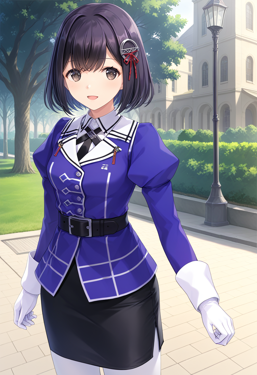 1girl, solo, park, standing, cowboy shot, <lora:KC_03HC_haguro_pony:1> hagurokaikc, purple_jacket,  long sleeves, puffy sleeves, elbow gloves, white gloves, black belt, black skirt, pencil skirt, white pantyhose, grey boots,, score_9,score_8_up, score_7_up, source_anime, masterpiece, best quality,  official art, official style, game cg, megami magazine, rating_safe, rating_questionable, <lora:Fixhands_anime_bdsqlsz_V1:0.75>, NEGATIVE_HANDS