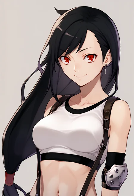 score_9, score_7_up BREAK solo, 1girl, smile, looking at viewer, <lora:Yasuda-Suzuhito_GLoRA-pdxl_Fp:1>, <lora:tifa-pdxl-nvwls-v1:0.8>, defTif, red eyes, black hair, low-tied long hair, earrings, white sports bra, black suspenders, elbow pads,