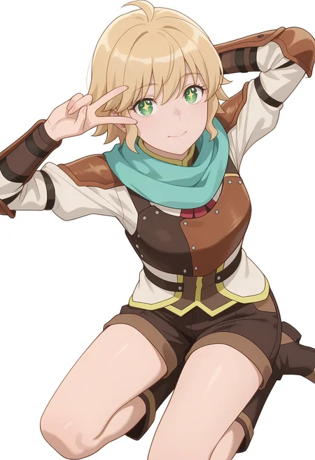 Smooth Quality,masterpiece,very intricate, high quality details, ultra realistic, high detailed skin,
simple background, white background,
from above,+ +,v over eye,reclining, arms folded behind head, one knee bent, looking up, peaceful mood, ,
<lora:Rembrandt_Yunocnn:0.8> rembrandtyuno/cnn, blonde hair, solo, green eyes,1girl,aqua scarf,
armor, shorts,boots,