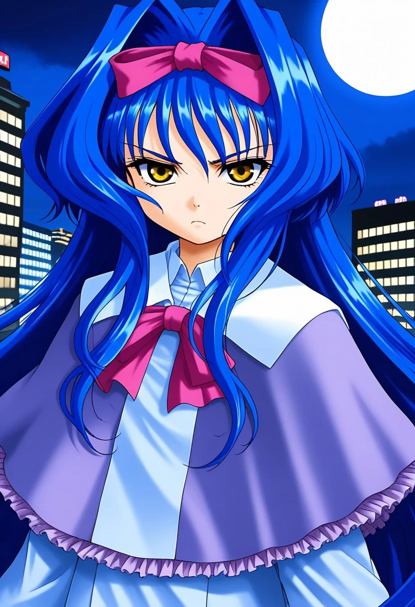 masterpiece, best quality, good quality, <lora:Shion_IES_IS:0.9> Shion_IES, very long hair, blue hair, hair bow, hair intakes, brown eyes, flat chest, short stack, serious,
1girl, solo, bow, upper body, capelet, frills, yellow eyes, hair ribbon, looking at viewer,
night, moon, city,