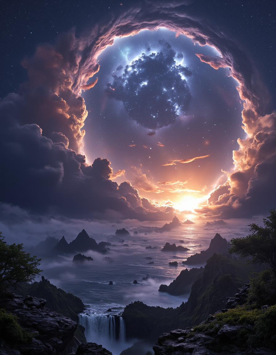 <lora:SW01v2-1flux:1> sw01p, EFFD02, imagination, epic world, halos of light in the darkness of space, sunset, SE12, rich detailed sky, clouds, T10, landscape, mountains, waves, rocks, tree, vegetation, moss, rough sea, waterfall,