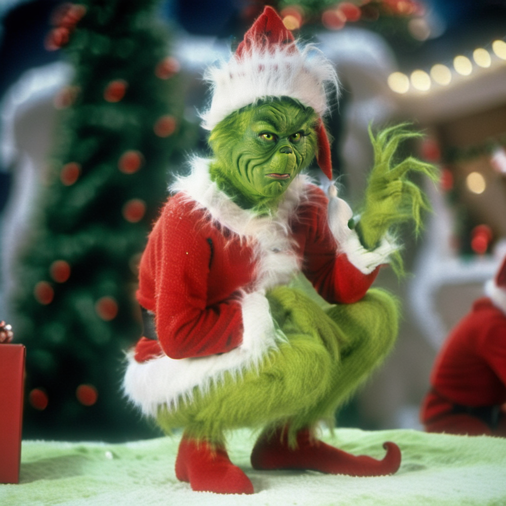 Grinch1024, a humanoid with green fur and green skin, full body, dressed as santa, christmas tree, livingroom, gifts,  detailed eyes, highly detailed, photography, ultra sharp, film, bokeh, professional, 4k <lora:Grinch1024:0.8>
