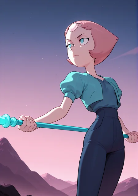 masterpiece, best quality, absurdres, amazing quality, 1girl, solo, small breasts, <lora:IlluPearl:1> illupearl, short hair, pink hair, blue eyes aqua cropped jacket, dark blue shirt, shirt tucked in, dark blue pants, puffy short sleeves, pink footwear, serious, mountain, night, cowboy shot, holding weapon, polearm, two-handed, fighting stance,