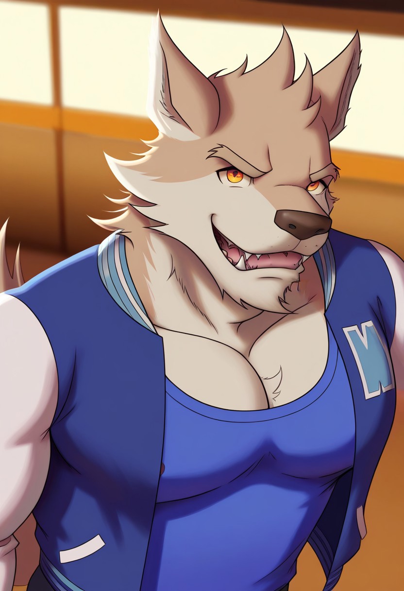 <lora:WyattBYH:1>, wyatt, wolf boy, wolf tail, orange eyes, perfecteyes, furry male, furry, brown fur, muscular male, bara, athletic build, large pectorals, solo, 1boy, beautiful, hyper-detailed, highres, amazing quality, very aesthetic, depth of field, vibrant colors, high sharpness, soft shading, dynamic angle, cinematic lighting, detailed background, blue tank top, letterman jacket, pectoral cleavage, open jacket, nipple slip, from above, close up, face focus, portrait, smile, fangs
