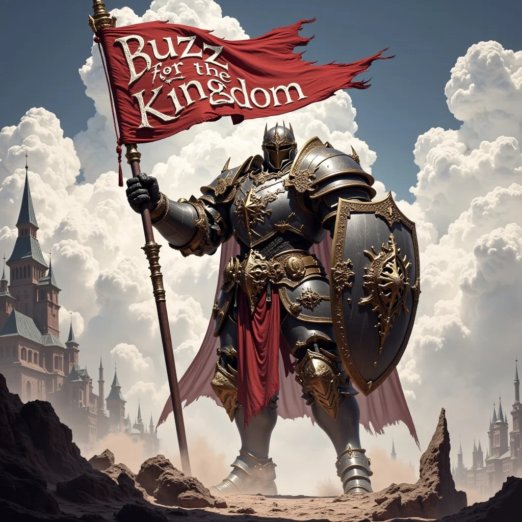 A great knight holding a banner saying "Buzz for the Kingdom" , Medieval Landscape, FredFraiStyle