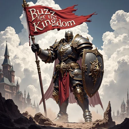 A great knight holding a banner saying "Buzz for the Kingdom" , Medieval Landscape, FredFraiStyle