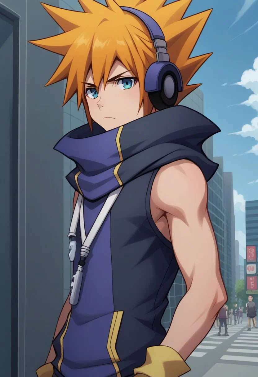 score_9, score_8_up, score_7_up, source_anime, highly detailed,
nekusakuraba, solo, 1boy, male focus, headphones, orange hair, black hair, multicolored hair, spiked hair, blue eyes, looking at viewer, hoodie, sleeveless hoodie, high collar, frown, upper body,
outdoor, street, building, sky, cloud,