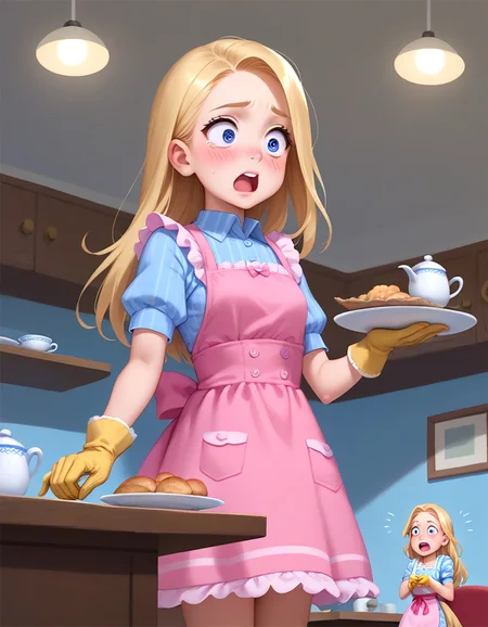score_9, score_8_up, score_7_up, Casgas BREAK, 1girl, flat chest, tiny tits, young, solo, pretty, small breasts, surprised, scared, open mouth, raised eyebrows, long blonde hair, blue eyes, blush, blue shirt dress with short rolled-up sleeves, white corset shirt with small round buttons, pink apron tied at the back at the waist, yellow cleaning gloves, BREAK holding a big stack of white plates with two hands, falling plates, flying plates, standing, cowboy shot, semi-sideways, half-sideways, looking to the right, BREAK blue wallpaper with vertical sparse stripes, white tiles on the walls below the wallpaper