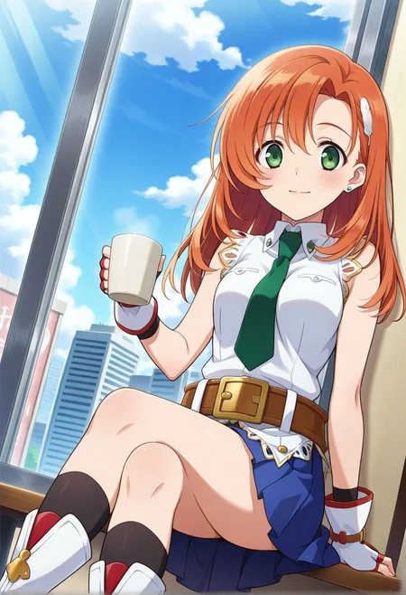 detailed eyes, beautiful, detailed background, perfect eyes,
source_anime, very aesthetic, anime coloring, masterpiece, official art,
<lora:HandFineTuning_XL:1>
BREAK,
street, cityscape, restaurant, sitting next to table,
cowboy shot, blush, holding a cup, light smile,
looking at viewer,
dynamic angle,
BREAK,
<lora:cliana_illustrious_v02:0.9>
clianaDef, orange hair, green eyes, long hair, feather hairpin,
white shirt, sleeveless, fingerless gloves, green necktie, laces, hairpin, pleated skirt, blue skirt, belt, buckle,
black socks, white boots,