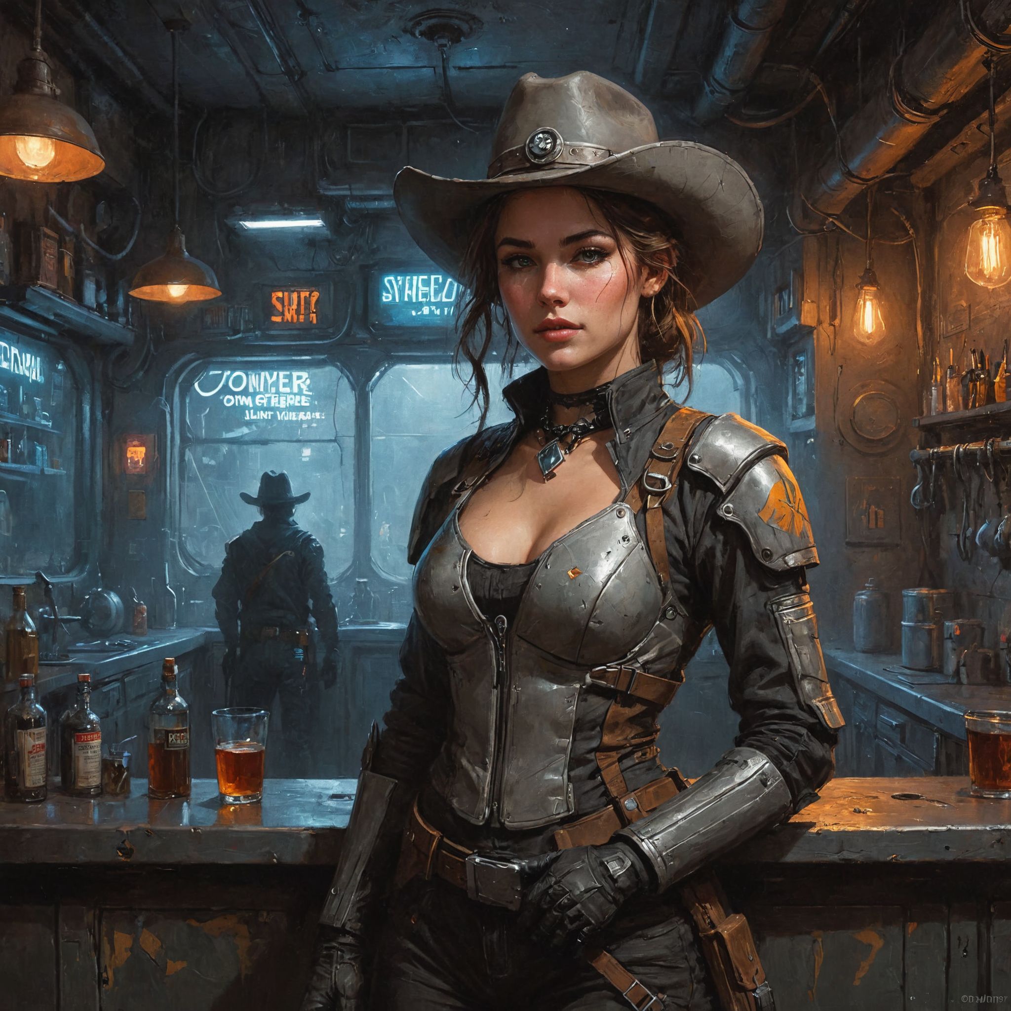 An digital illustration (sci-fi) drawing masterpiece with depth of field, intricate details and the best quality art by, (petrus van schendel) (Hans Larwin) and (dorian cleavenger) with (luis royo), a young attractive [space cowboy] (mandalorian) bounty hunter, gunslinger, detailed oval face with delicate upturned nose with freckles, [cleavage],  standing by the counter in futuristic sci-fi cyberpunk industrial bar, neon lights sign, ceiling pipes, crt analog screen on the wall, metal walls,  fluorescent tube, riveting, wearing tight cowboy space suit with vest with [high collar], bandolier, armored, (cowboy hat), choker with pendant, <lora:add_detail:0.8>  <lora:aesthetic:0.8>   <lora:Cyberpunk _Anime_V2_light_version-SDXL:0.7> <lora:LaxpeintXL-2.0:0.5> <lora:extremely_detailed:0.5>  <lora:Desolation:0.3>