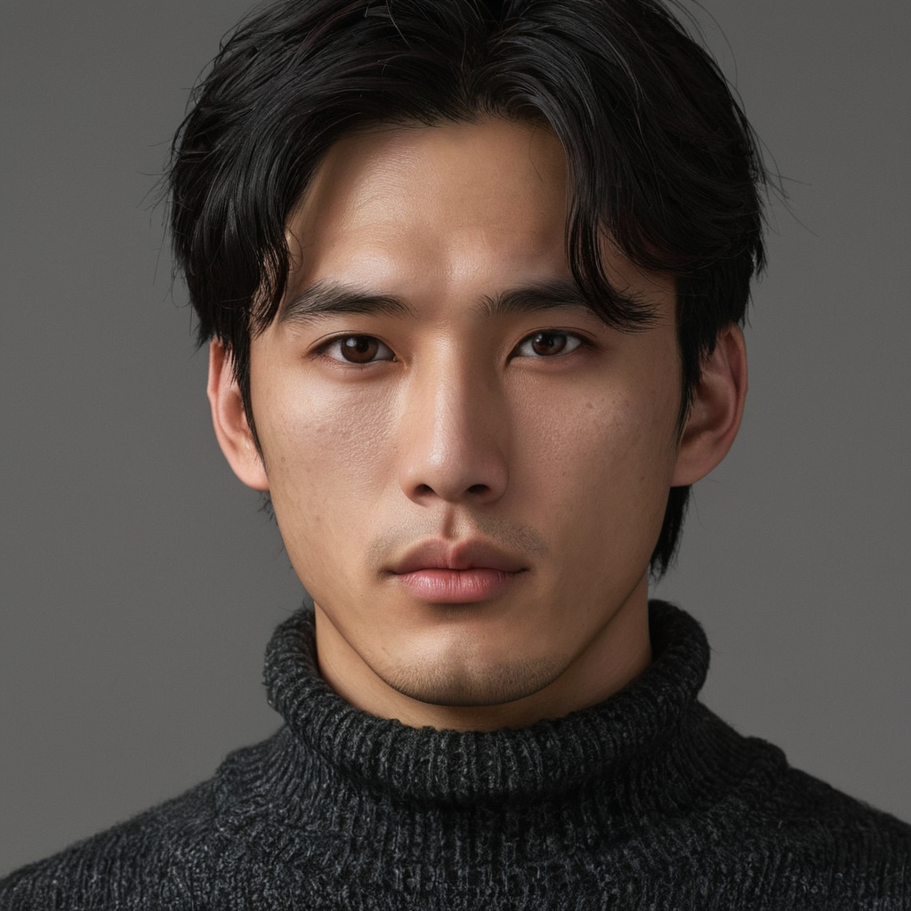ck,Asian men,mole, solo, lips, mole_under_eye, realistic, upper_body, looking_at_viewer, black_hair, brown_eyes, sweater, forehead, nose, turtleneck, highly detailed <lora:style_lora_realis:0.4>