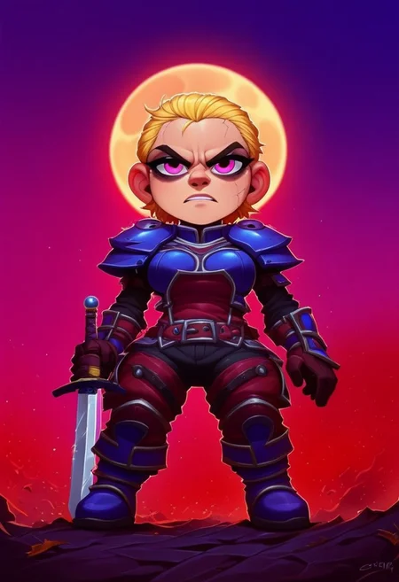[score_9, score_8_up, score_7_up, <lora:Smooth Anime Style LoRA XL:1>, anime style, dark fantasy, 1girl gnome, short stature, big eyes, big ears, pink eyes, long blonde hair, (shortstack:1.3), (medium breasts:1.1), round breasts, wearing armor,wearing hat, shoulder armor,skull emblem on shoulder, (gloomy empty streets, dark forests, moon in the sky:1.6), Cold and angry, seductive gaze, fighting posture, (She holds a two-handed sword in her hands:1.9), bedroom eyes, solo, <lora:OtherStyle_03:1> <lora:Round_Breasts_XL_XV7:0.8>