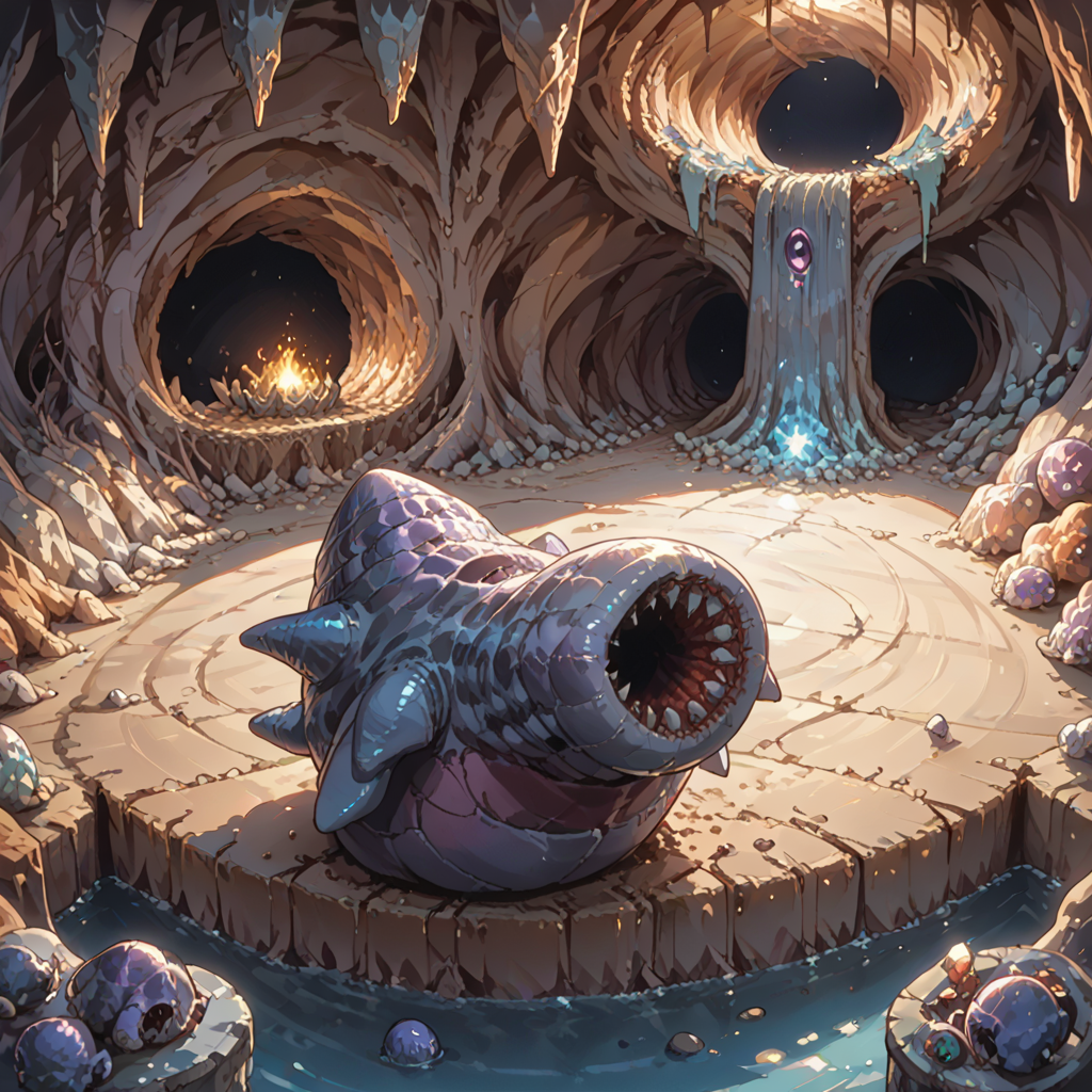 score_9, score_8_up, score_7_up, best quality, masterpiece, source_anime,  BREAK
in dark cave
<lora:giggi:1>, no humans,solo, teeth, sharp teeth, full body, open mouth, giggi, monster, small, <lora:add-detail-xl:1> <lora:detail_eyes:0.5>