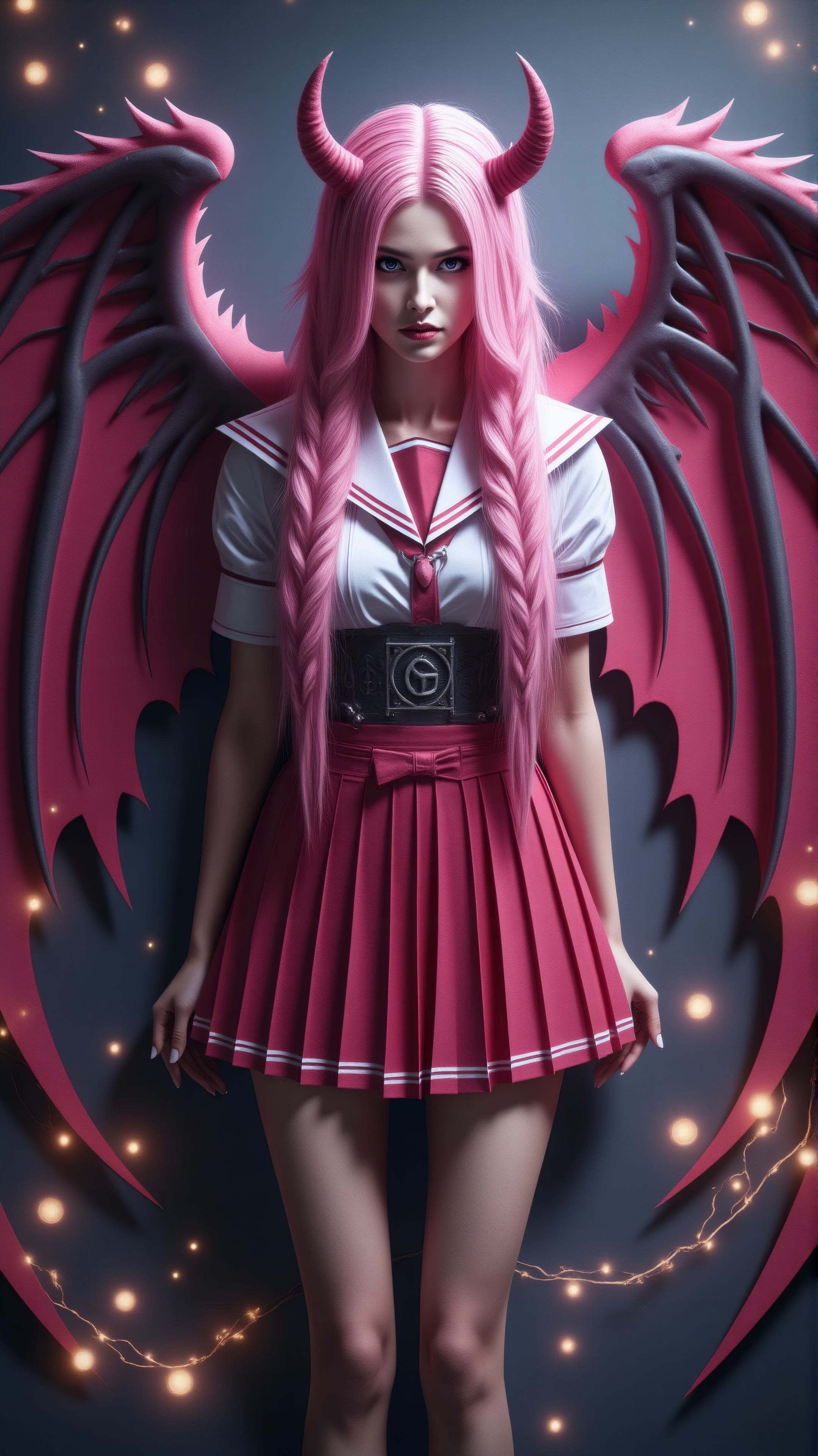 a professional photo shot of a breathtakingly beautiful caucasian woman, 25 yo, long pink hair with a herringbone braid, large demon wings, ((no demon horns)), ((japanese school girl uniform)), pale skin, diamond shaped face, She has a glamour and slender body with narrow hips, magical circles  as background, magical lights, light particles, dungeon, <lora:Dever_Flux_Enhancer:0.47>  <lora:breast-size4:-1.65> <lora:Hand v2:1> Perfect hand <lora:pose_dev_f1:0.75> <lora:sameface2:-0.2> <lora:Neon_Cyberpunk_Papercut_1_FLUX:1> mad-pprct1