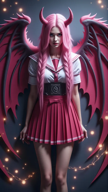 a professional photo shot of a breathtakingly beautiful caucasian woman, 25 yo, long pink hair with a herringbone braid, large demon wings, ((no demon horns)), ((japanese school girl uniform)), pale skin, diamond shaped face, She has a glamour and slender body with narrow hips, magical circles as background, magical lights, light particles, dungeon, <lora:Dever_Flux_Enhancer:0.47> <lora:breast-size4:-1.65> <lora:Hand v2:1> Perfect hand <lora:pose_dev_f1:0.75> <lora:sameface2:-0.2> <lora:Neon_Cyberpunk_Papercut_1_FLUX:1> mad-pprct1
