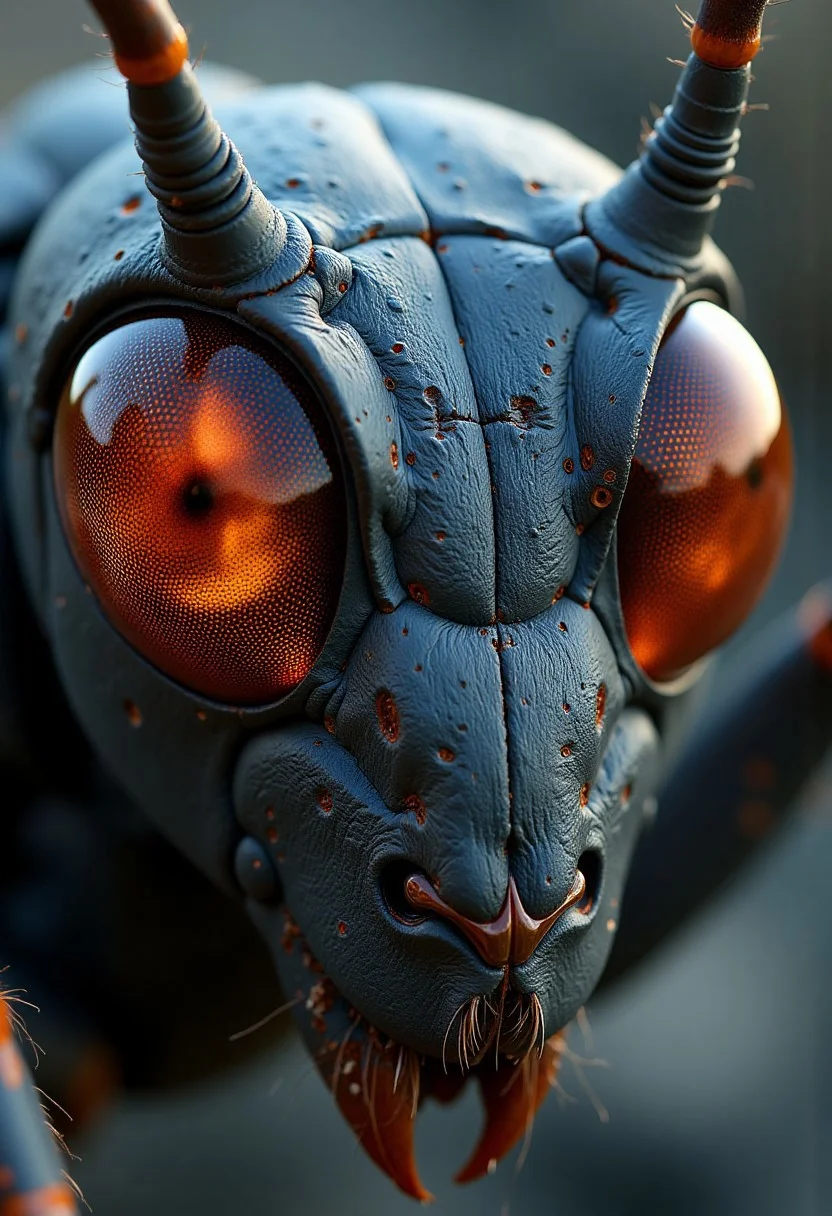 digital art by Adam Martinakis, Goro Fujita and Filip Hodas, Illustration, a close up image of the face of an ant, the reflection on the eyes shows a netherworld, Surrealism, digital manipulation, ethereal landscapes, Concept art, VR painting, imaginative worlds, whimsical characters, digital illustration, Sci-fi digital art, dystopian landscapes, surreal compositions, vibrant colors, dynamic dramatic atmosphere, dynamic cinematic color, flowing, best, unique.