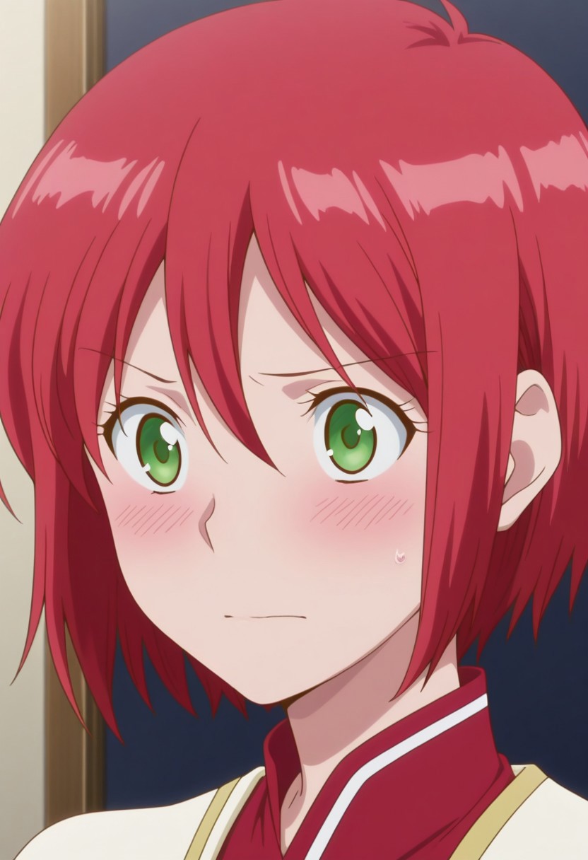 masterpiece,best quality,amazing quality, source_anime, 
shirayuki,1girl, solo, green eyes, red hair, short hair, shirt, red shirt, high collar, dress, white dress, portrait, blush,