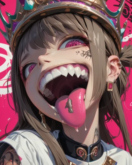 <lora:add-detail-xl:0.3>
<lora:Punk_Anime_XL:1>, intricate details,
1girl, blunt bangs, crown, earrings, fangs, forked tongue, horns, jewelry, long hair, looking at viewer, open mouth, pink background, portrait, saliva, shoes, solo, tattoo, teeth, tongue, tongue out, uvula, white shirt