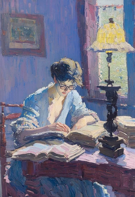 masterpiece, impressionism, style of Edouard Vuillard, figure painting, evening, blue hour, scene of a woman seated at a desk covered with books, closeup, 1woman, studious, dark hair, messy hair, hair in own mouth, reading glasses, pale yellow blouse, low cut, loose fit, small breasts, short sleeves, tired, head in hand, seated, oak desk, books, book stacks, deep room, angled room, hallway, perspective, maroon walls, striped cat, dusty, dim light, high definition, bold brushstrokes, free-flowing brushstrokes, high quality, 8k, unsigned.