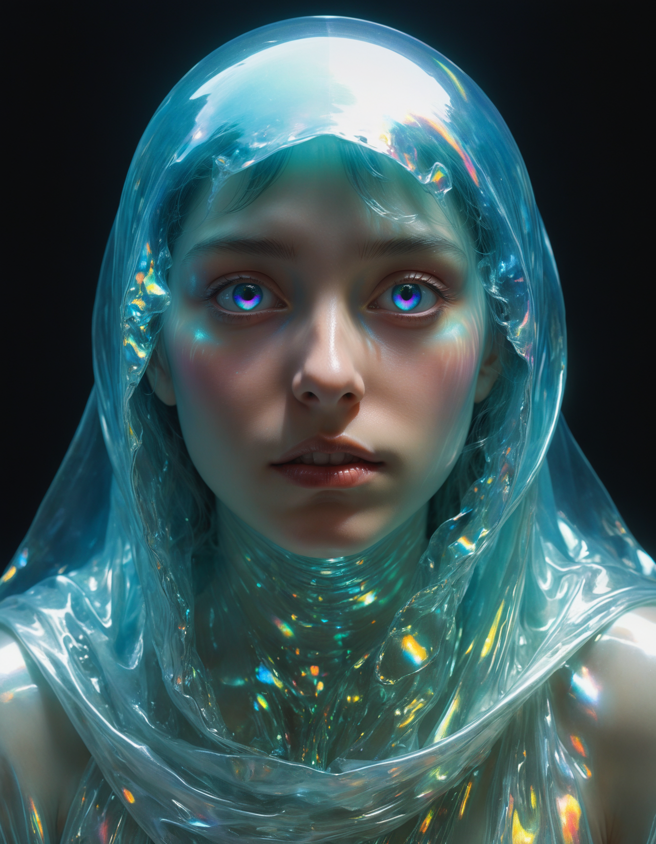 by (Studio Ghibli:1.2) and (Jeff Easley:1.1), hyper realistic medium full shot photo of  a (luminous transparent ghostlike entity:1.1),  (iridescent , pale , masterful:1.4), poster art, bold lines, hyper detailed, expressive,  award winning,  dark limited color palette, high contrast, depth of field, (intricate details, masterpiece, best quality:1.4),
ambient lighting, looking at viewer, dynamic pose, wide angle panoramic view,
<lora:add-detail-xl:0.8> <lora:xl_more_art-full_v1:0.5>  <lora:NicolaSamori:0.4> in the style of nicola samori <lora:looking_at_viewer:2>