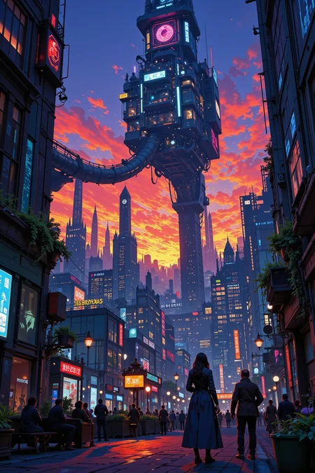 a futuristic sci-fi city of androids beautiful  landscape, dusk, woman, very intricate, very detailed, sharp, bright, colorful, <lora:Hand v2:0.5> <lora:Anti-Blur:1><lora:Insane Detail Slider:0.25>  <lora:flux.1_lora_flyway_Epic-detail_v2:0.3> <lora:fluxenhancer:0.25> <lora:ROWER:0.8> <lora:Anime art - Variant 3:0.6> Anime art