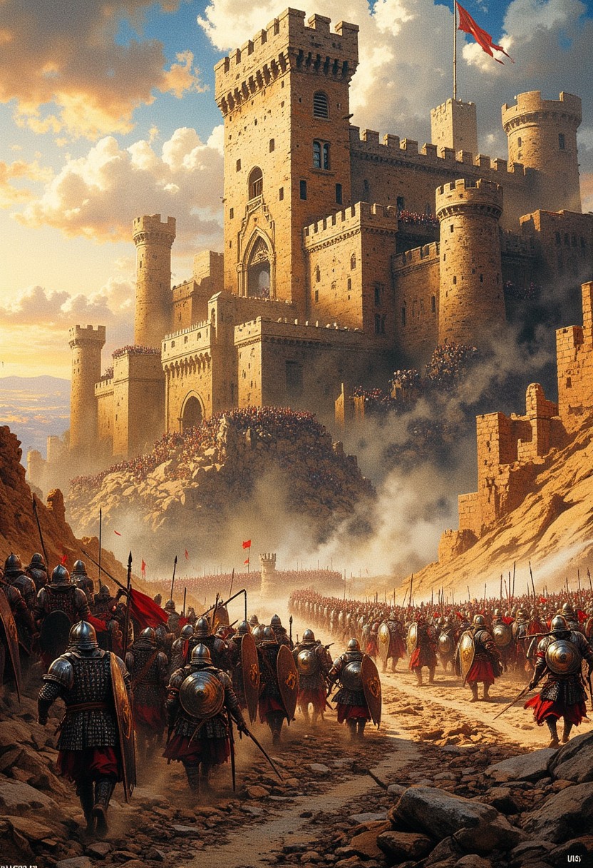 Amidst a stormy sky, with dawn's faint golden light struggling to break through roiling clouds, a colossal crusader castle of sand-colored stone rises from the mist, its massive buttresses and crenelated walls scarred by the relentless siege. Lines of Saracen warriors—archers, spearmen, and shield bearers—march in unison toward the breach. The air is alive with energy: dust swirls through the battlefield, shattered stones lie scattered, and war horns sound against the distant rumble of thunder. This epic composition captures the chaos and drama of medieval siege warfare, with dynamic lighting highlighting the fortress’s grandeur against the gritty realism of the battlefield