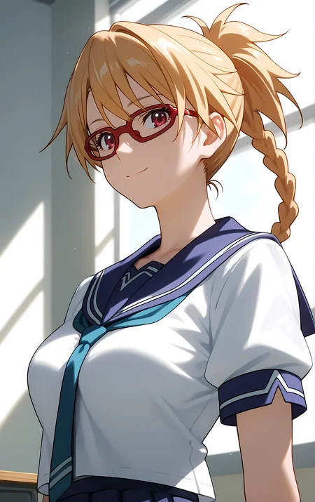 (score_9, score_8_up, score_7_up), standing, looking at viewer, closed mouth, light smile, tight clothes, close-up,
ohwx, 1girl, solo, school_uniform, glasses, braid, breasts, skirt, blonde_hair, red-framed_eyewear, pleated_skirt, large_breasts, serafuku, long_hair, blue_skirt, necktie, ponytail, sailor_collar,
<lora:furan_takaki_pony_ss:1>
window, sunlight, classroom,