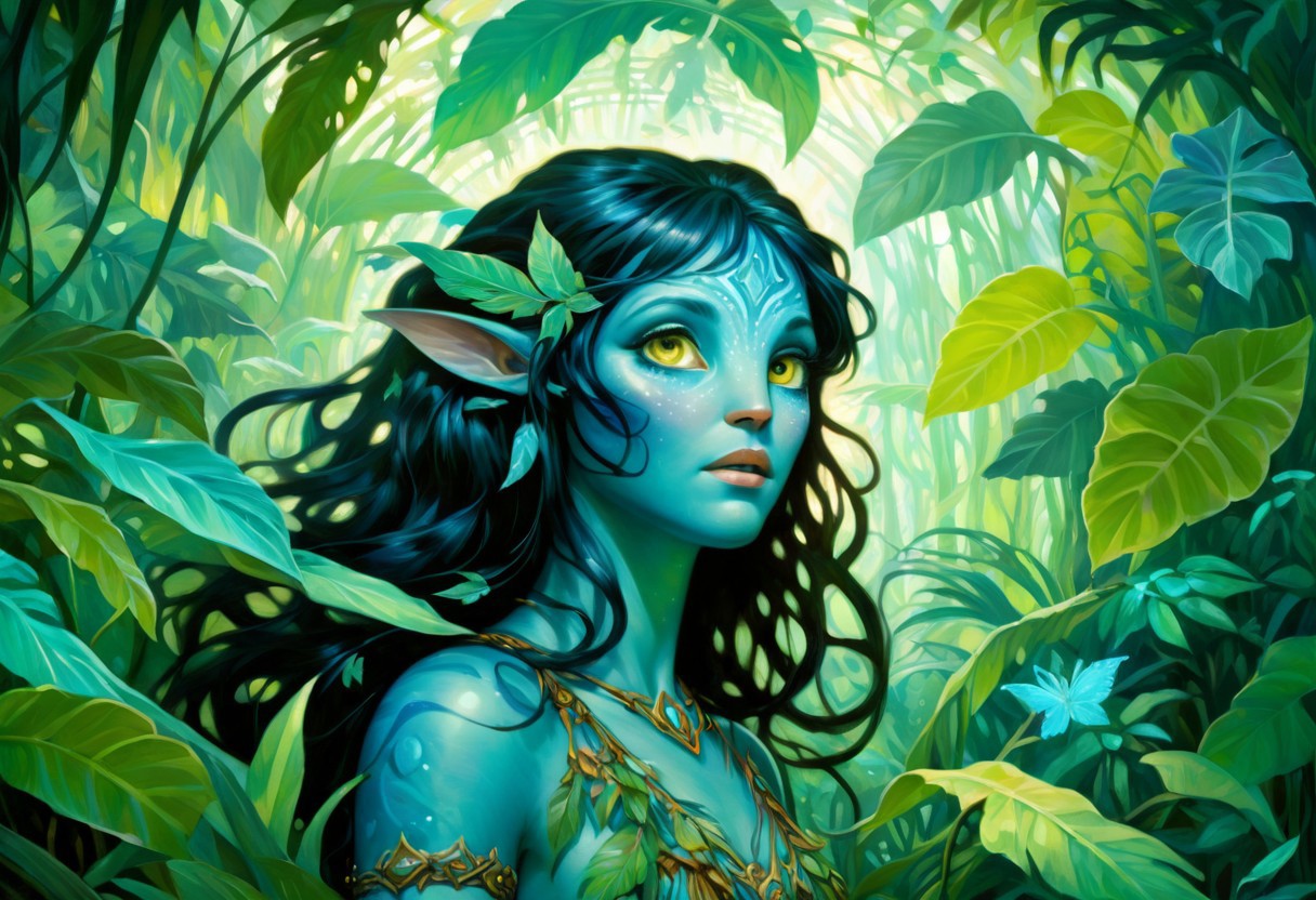 Alphonse Mucha Style page oil  painting of a young female Avatar navi alien with blue skin, wearing leaf tunic in a bioluminescent jungle